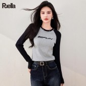 拉夏贝尔Puella秋季撞色T恤女时尚圆领字母印花气质休闲长袖上衣